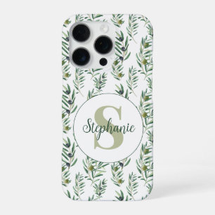 Coque iPhone 16 Pro Aquarelle Monogramme Nom Motif Branches d'Olivier