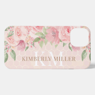 Etui iPhone 13 Aquarelle or bleu rose rose floral Monogramme