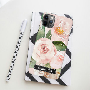 Coque iPhone 11Pro Max Aquarelle Pastel Pink moderne Fleurs & Nom