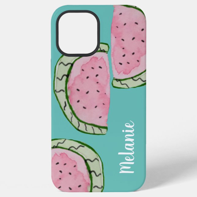 Coque iPhone Aquarelle Pastèque Rose Turquoise Monogrammé    (Verso)