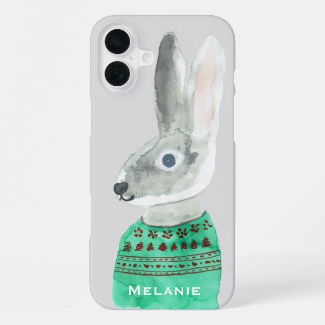 Coque iPhone Aquarelle Rabbit en gris doux Personnalisé (Verso)