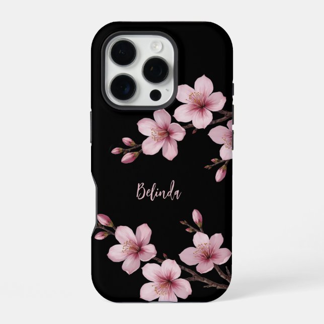 Coque iPhone Aquarelle rose cerisier noir Monogramme en fleurs (Verso)