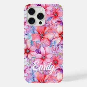 Coque iPhone 15 Pro Max Aquarelle rose violet Floral Nom personnalisé