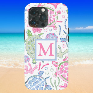 Etui iPhone 13 Pro Aquarelle Tortues marines Monogramme océanique