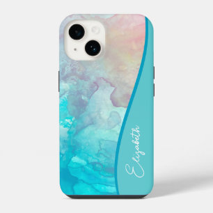 Coque Pour iPhone 14 Aquarelle turquoise personnalisée