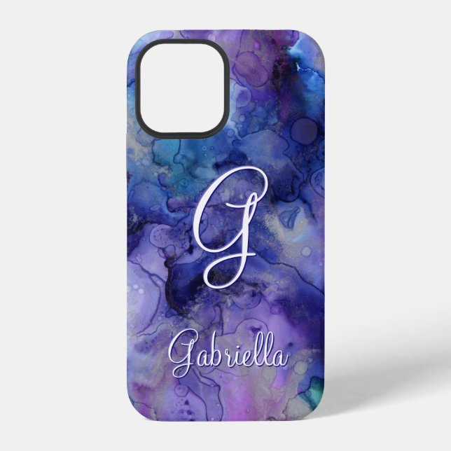 Coque iPhone Aquarelle violette et bleu Galaxy Nom initial (Verso)