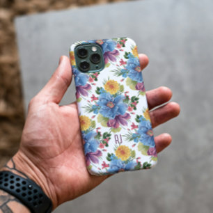 Coque iPhone 15 Pro Aquarelles Fleurs Motif Monogramme Bleu & Jaune