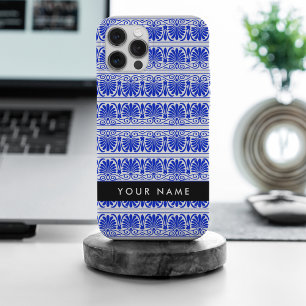 Coque iPhone 15 Pro Max Arabesque grecque bleue, Votre nom, Personnaliser