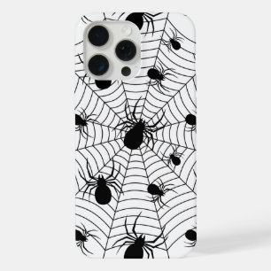 Coque iPhone 15 Pro Max Araignées Noir Blanc toile d'araignée motif Hallow