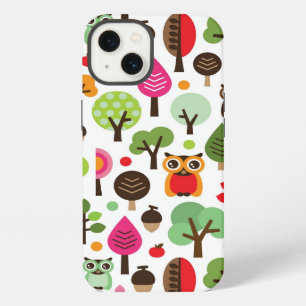 Etui iPhone 13 arbre à feuilles roses motif rétro de hibou