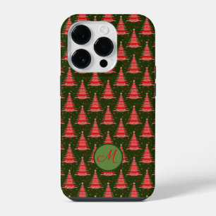 Coque Pour iPhone 14 Plus Arbre de Noël Motif vert rouge avec Monogramme