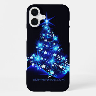 Coque iPhone 16 Plus arbre de Noël stylisé SlipperyJoe bleu brillant s