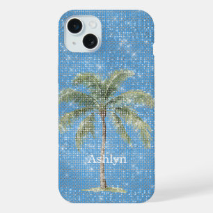 Coque iPhone 15 Plus Arbre tropical de palmier bleu aqua scintillant