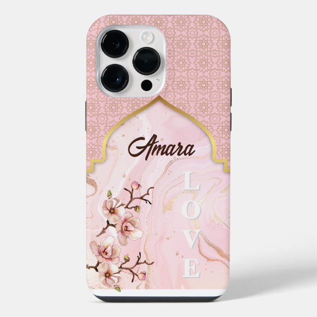 Coque iPhone Arc Arabesque | Marbre rose et or (Verso)