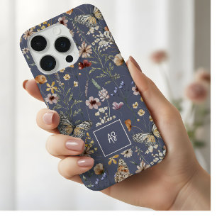 Coque iPhone 15 Pro Ardoise Aquarelle Fleurs Sauvages Floral Monogramm