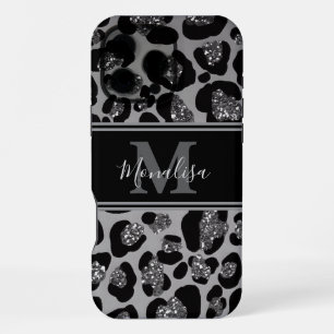 Coque iPhone 16 Pro Max argent et noir pailleté personnalisé avec monogram