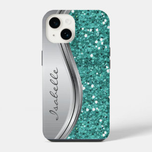 Coque Pour iPhone 14 Argent Sarcelle Étincelle Métal Personnalisé Glam