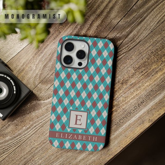 Coque iPhone Argyle bleu sarcelle vert gris marron personnalisa (Customizable Teal Blue Green Grey Brown Argyle iPhone Case)