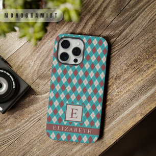 Coque iPhone 15 Pro Max Argyle bleu sarcelle vert gris marron personnalisa
