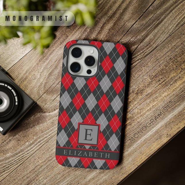 Coque iPhone Argyle couleur noir rouge gris personnalisable (Customizable Black Red Grey Color Argyle iPhone Case)