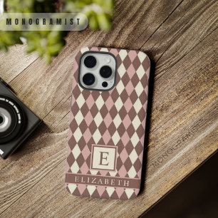 Coque iPhone 15 Pro Max Argyle Rose Pâle Jaune Marron Personnalisable