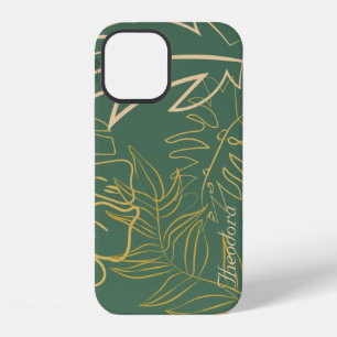 Coque iPhone 12 Arrière - plan vert feuille d'or chic