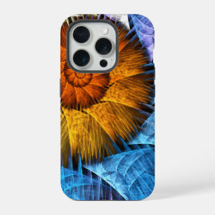 Coque iPhone 15 Pro Art Abstrait Fleurs Orange Jaune Bleu