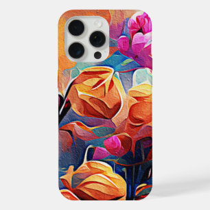 Coque iPhone 15 Pro Max Art Abstrait Floral Fleurs Orange Rouge Bleu