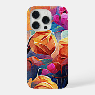 Coque iPhone 15 Pro Art Abstrait Floral Fleurs Orange Rouge Bleu