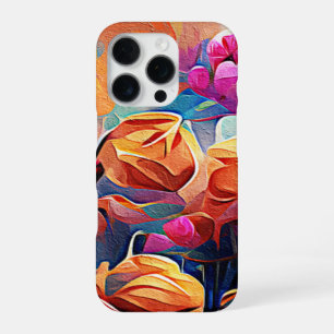 Coque iPhone 16 Pro Art abstrait floral Fleurs orange rouge bleu