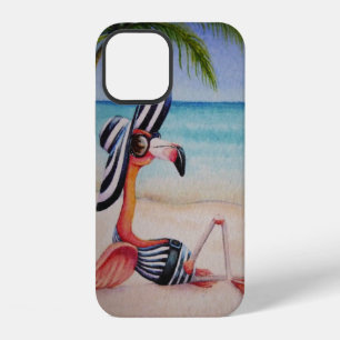 Coque iPhone 12 Art aquarelle flamant rose Babe de plage fantaisis