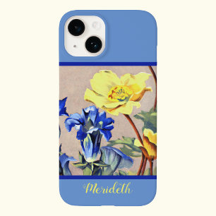 Coque Pour iPhone 14 Art botanique rétro bleu jaune Gentianes alpines