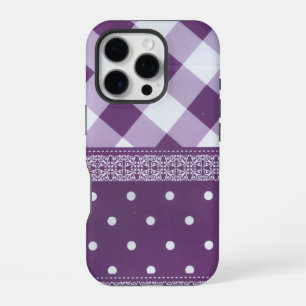 Coque iPhone 16 Pro Art de Damas floral à pois à carreaux blancs viole