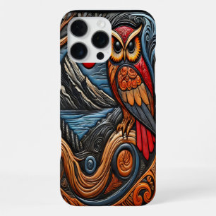Coque iPhone 16 Pro Max Art de hibou coloré avec paysage de montagne et de