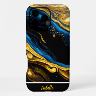 Coque iPhone 16 Pro Max Art de marbre doré et bleu inspiré de la nature