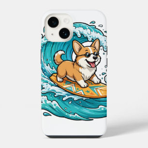 Coque Pour iPhone 14 Art de stickers de corgi surfant sur une vague de 