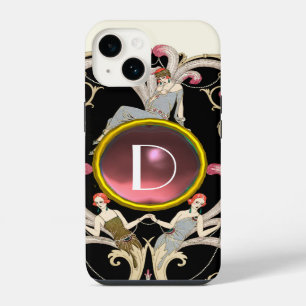 COQUE POUR iPhone 14 ART DÉCO BEAUTÉ MODE ROSE ROSE MONOGRAMME EN PIERR