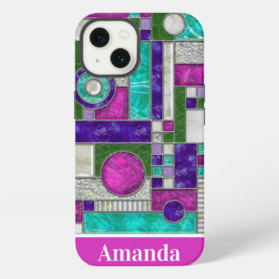 Etui iPhone 13 Art Déco en Verre Coloré Rose et Sarcelle