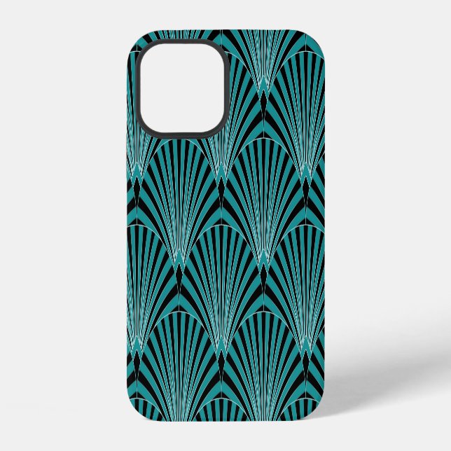 Coque iPhone Art Déco : motif éventail vert. (Verso)