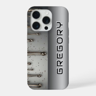 Coque iPhone 15 Pro 💎 Art du nom Argent Fondu – Coulée Liquide Chrome