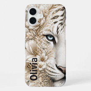 Coque iPhone 16 Plus Art floral du Tigre blanc aux yeux bleus