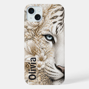 Coque iPhone 15 Plus Art floral du Tigre blanc aux yeux bleus