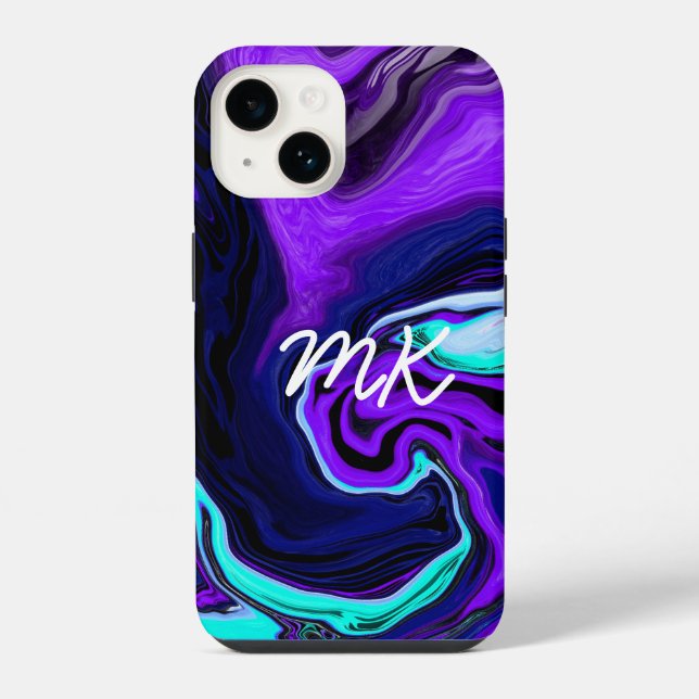 Coque iPhone Art fluide abstrait violet, bleu et sarcelle  (Verso)