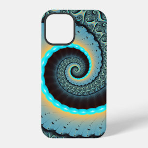 Coque iPhone 12 Pro Art fractal abstrait bleu turquoise orange Spirale