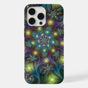 Coque iPhone 15 Pro Max Art fractal abstrait illuminé brillant sarcelle vi