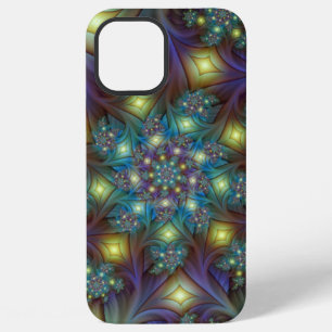 Coque iPhone 12 Pro Max Art fractal abstrait illuminé sarcelle violet