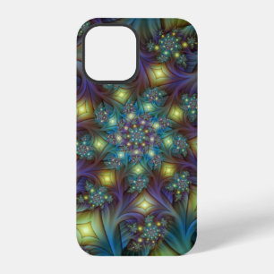 Coque iPhone 12 Pro Art fractal abstrait illuminé sarcelle violet