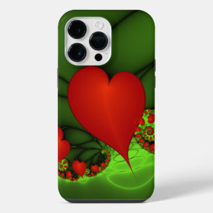 Coque Pour Pour iPhone 14 Pro Max Art fractal abstrait moderne vert citron cœurs rou