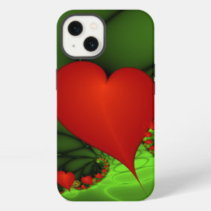 Etui iPhone 13 Art fractal abstrait moderne vert citron cœurs rou