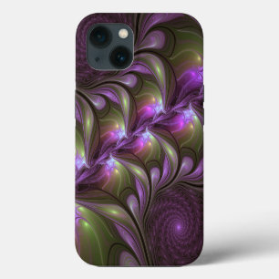Etui iPhone 13 Art fractal abstrait violet pourpre kaki coloré
